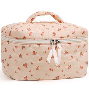 Large Makeup Bag For Women Quilted Floral Cotton Cosmetic Bag Cute Coquette💞